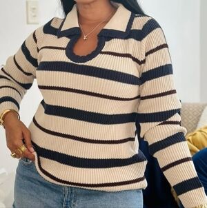 Zenana Outfitters V-Neck Striped Sweater - Cream and Black